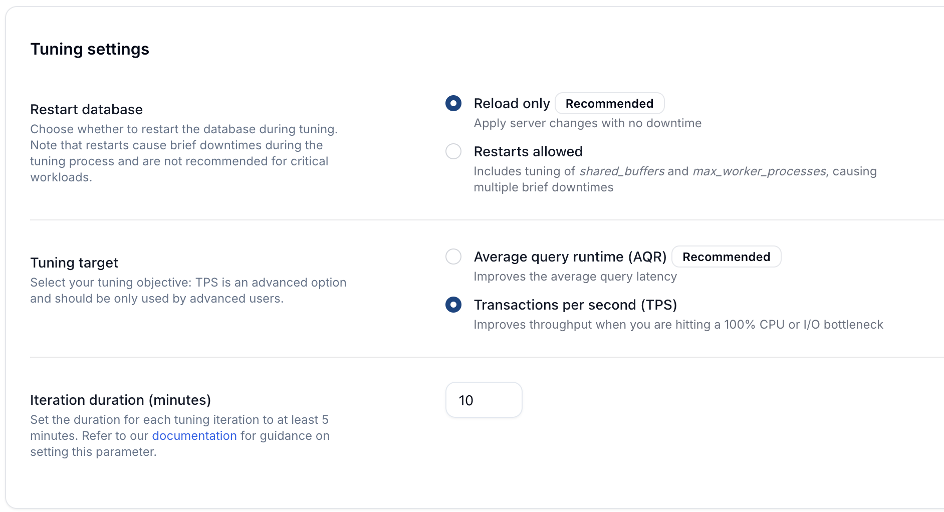 DBtune UI for PostgreSQL tuning: restart and TPS tuning options DBtune interface showing tuning settings for PostgreSQL performance optimization