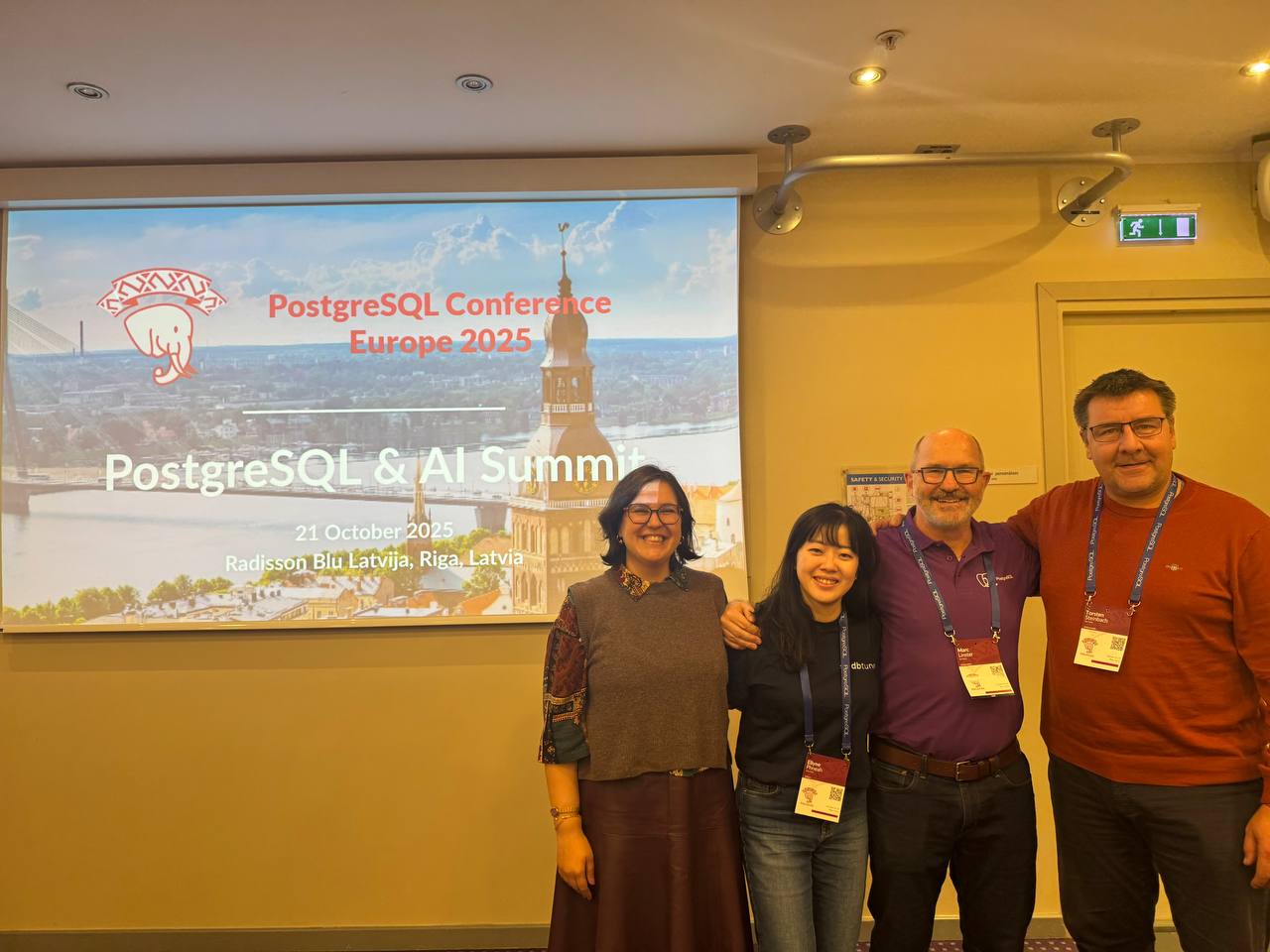 The organizers and keynote speaker of PostgreSQL & AI Summit at Community Events Day, PGConf EU (from left to right): Gülçin Yıldırım Jelínek, Marc Linster, Ellyne Phneah, Torsten Steinbach